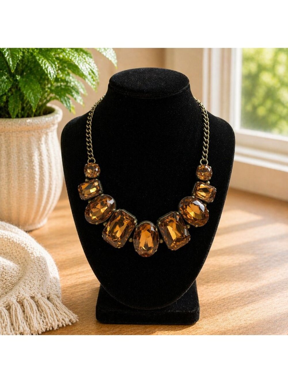 Vintage Statement Necklace With Amber-Colored Glass Gems & Brass Chain